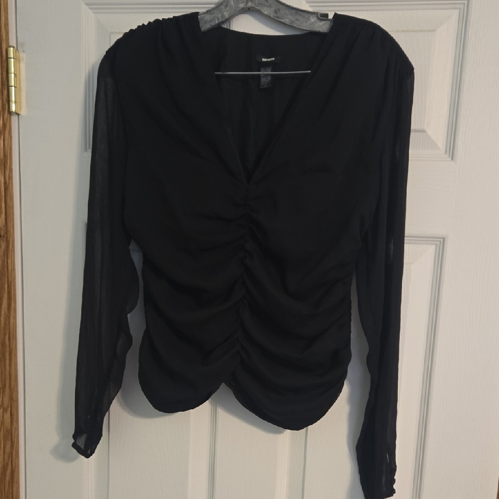 Express Black Ruched Long Sleeve Blouse